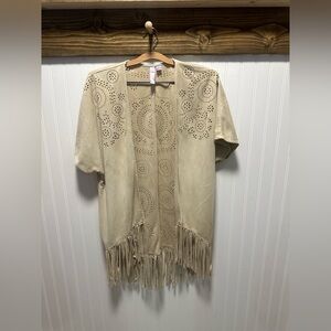 Alya Faux Surde Beige Fringe Open Cut Out Cardigan Kimono Sz S